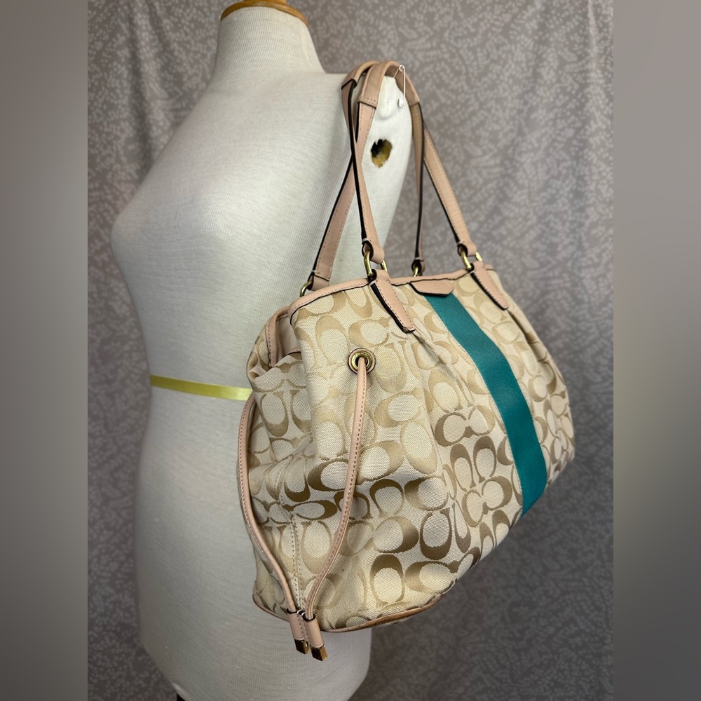 Coach Elegant Beige and Teal Designer Tote Bag F28501 - Picture 7 of 10